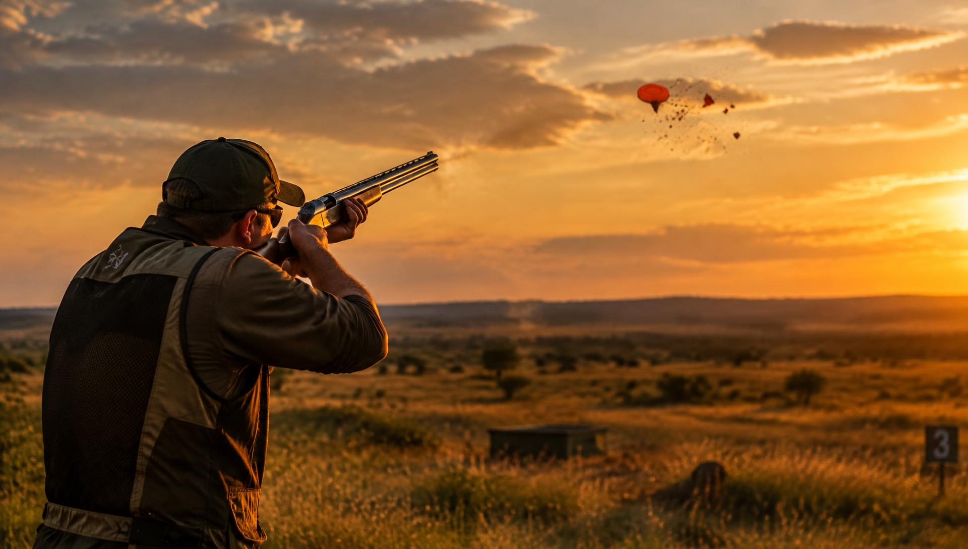Clay target shooter at sunset breaking an orange clay